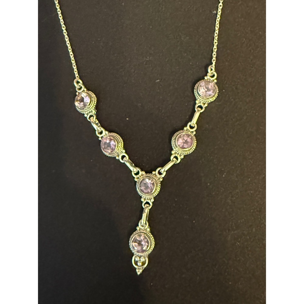 Vintage Sterling Silver Amethyst Y-Drop Necklace Bohemian Lavalier Purple Gem - Picture 3 of 8